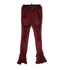 Fashion Nova Junior size 3 (waist 26 *27) burgundy distressed flare leg